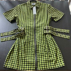 NWT Ragged Priest Mini - Lime Green/Black Plaid Zipper Buckled Dress - Size M